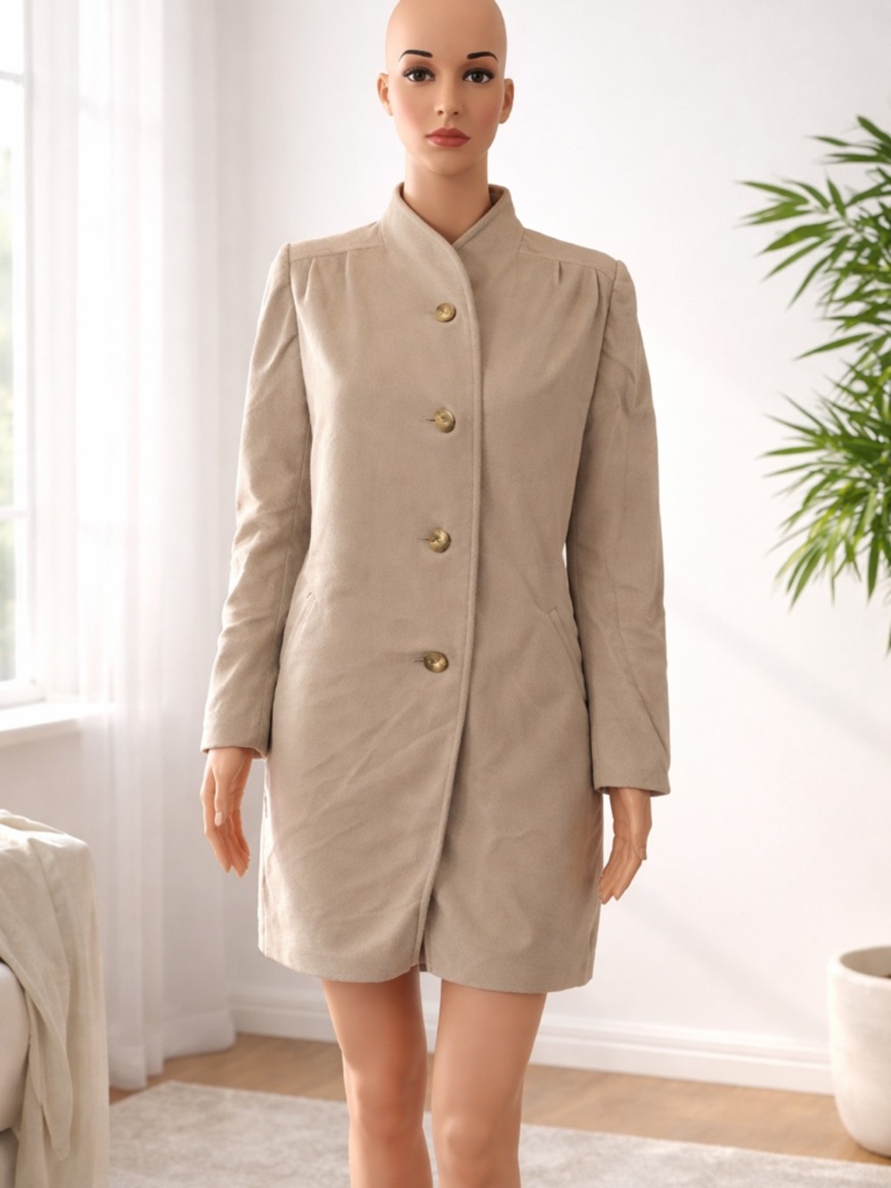 Vintage Cashmere Blend Coat Beige Minimal Classic Long Jacket Women